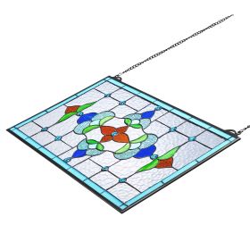 Stained Glass Window Panel, 26 x 16 in, Tiffany Style Hanging Transom Window Panel with Chain, Large Horizontal Rectangle Stain Glass