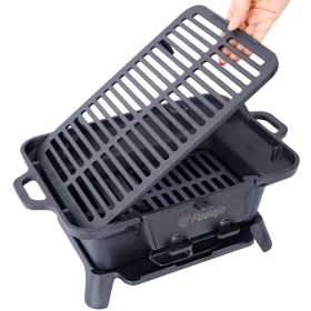 Camping Stove Oval Cast Iron Grill Outdoor, Portable Charcoal Grill and Tabletop Cast Iron Skillet - 100% Cast Iron, Durable, Small Charcoal Gril