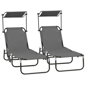 Pool Chaise Lounge Chairs Set of 2, Folding Lounge Chairs with Sunshade, Reclining Back, Steel Frame, Dark Gray