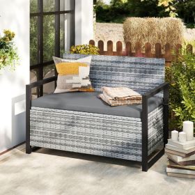 Patio Storage Bench Outdoor Wicker Loveseat with Built-in Storage (Color: Gray)